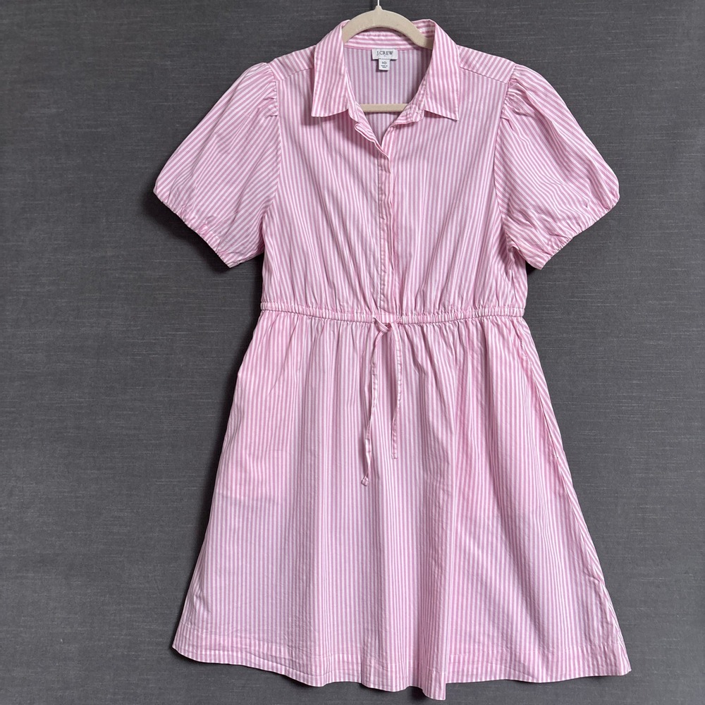 J Crew Shirtdress 10 Pink Striped Cotton Puff Sleeve Summer Preppy‎ Nautical